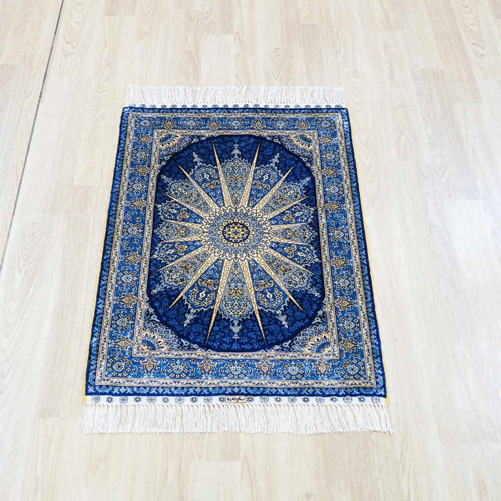 61x91cm Hereke Small Turkish Rug Oriental Hand Knotted Blue Silk Carpet
