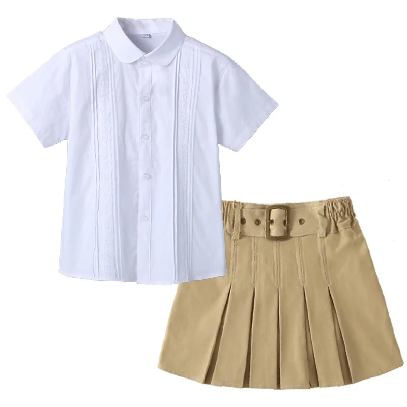 2025 خريف جديد الفتيات مطوي زي مدرسي تنورة الكاكي الأطفال طالب التبتية الأزرق نصف طول تنورة