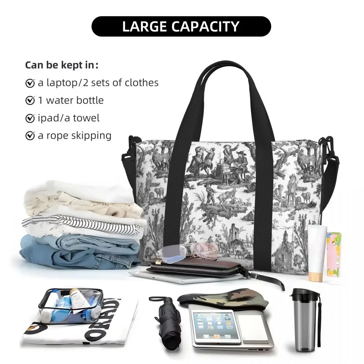 Custom Black And White Toile De Jouy Beach Tote Bag Women Extra Large Gym Carry On French Motifs Floral Travel Shopping Bags