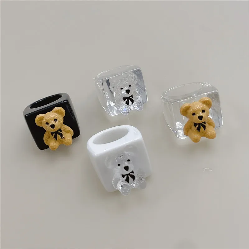 Funny Cute Bear Cartoon Animal Transparent Geometric Square Resin Acrylic Ring For Women Travel Party Vintage Jewelry Korean INS