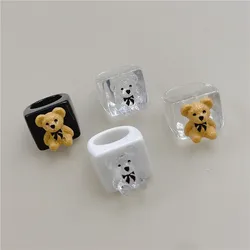 Funny Cute Bear Cartoon Animal Transparent Geometric Square Resin Acrylic Ring For Women Travel Party Vintage Jewelry Korean INS