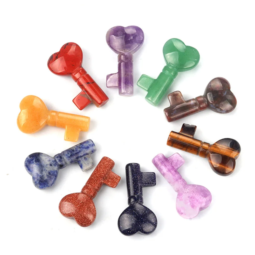 1pc 22x39mm Natural Stone Crystal Heart Key Decorative Carving Small Handle Rose Quartz Crystal Ornaments Jewelry Accessories