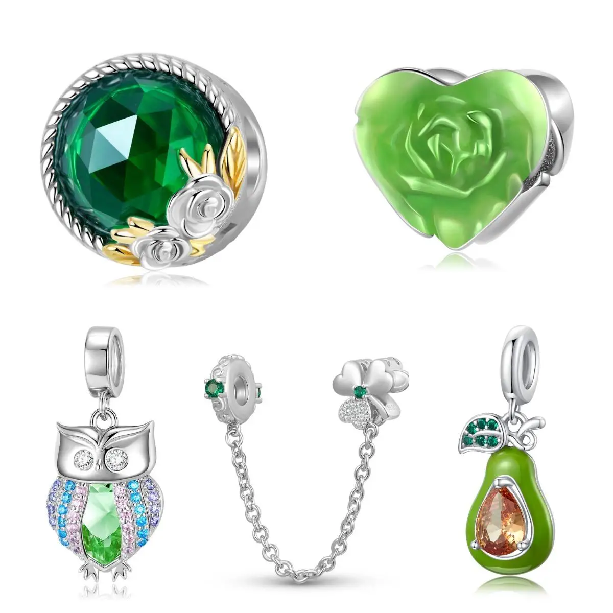 

KATAOKA 925 Sterling Silver Avocado Owl Beads Green Clover Safety Chain Charm Fit Original Bracelet Diy Jewelry Accessories Bead