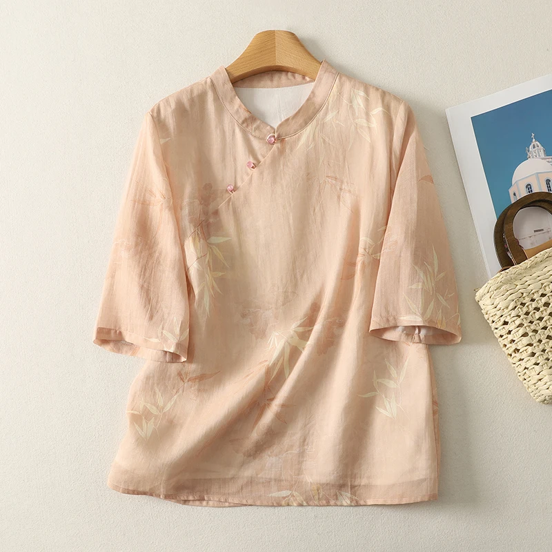 

Женская короткая рубашка в стиле ретро с китайским принтом, из полиэстера и льна, с воротником-стойкой, на пуговицах, универсальный топ в стиле дзен