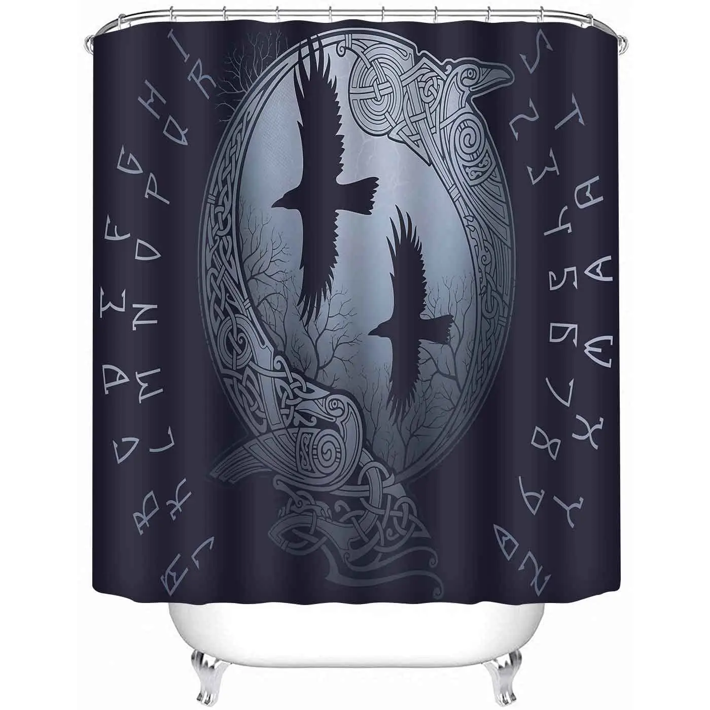 Viking Shower Curtain Vintage Warship of The Vikings Drakkar Ancient Scandinavian and Norse Runes Bathroom Decor Set Accessories