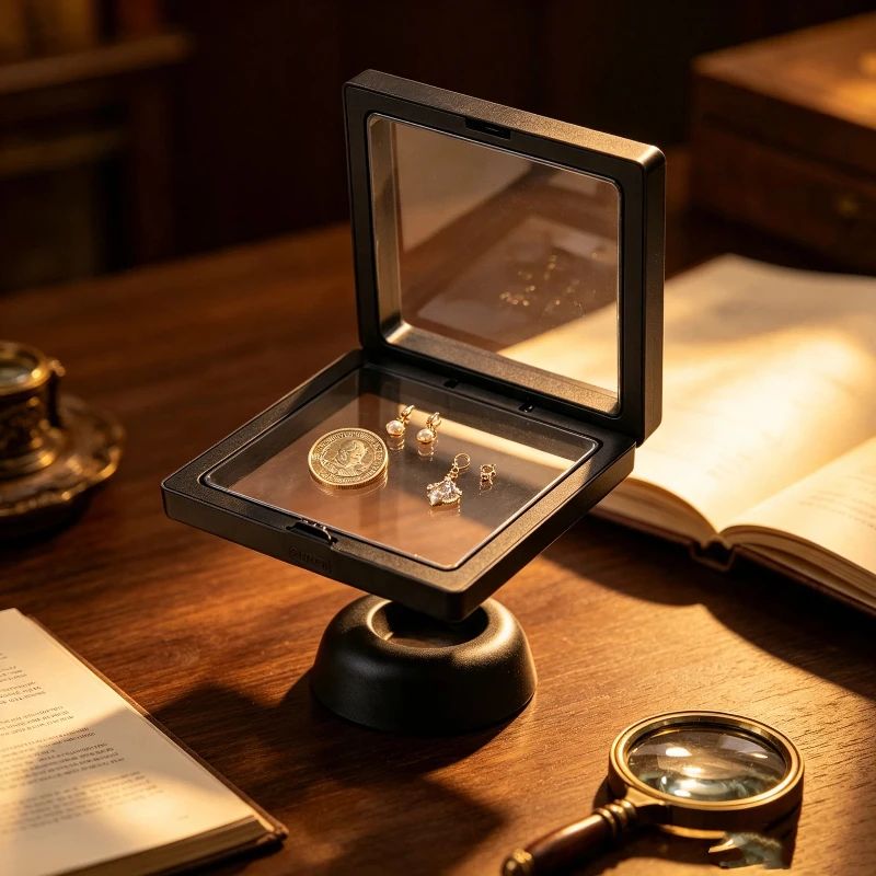90x90mm Black 3D Floating Jewelry Coin Display Frame Holder Box Case With Stand Collectibles Storage Display Box