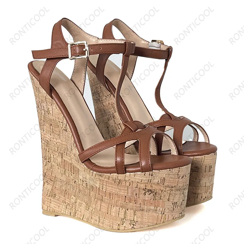 Ronticool Handmade Women T-strap Sandals Ultra High Wedges Heels Round Toe Classics Black Dress Shoes Ladies US Plus Size 5-15