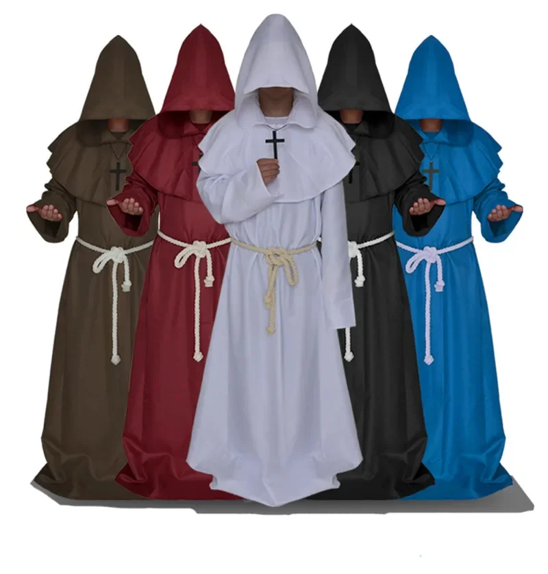 Medieval Monk Clergy Plauge Doctor Costume Gown Robe For Adult Men Priest Hood Cowl Cape Christian Cloak Halloween Outfit Shawl