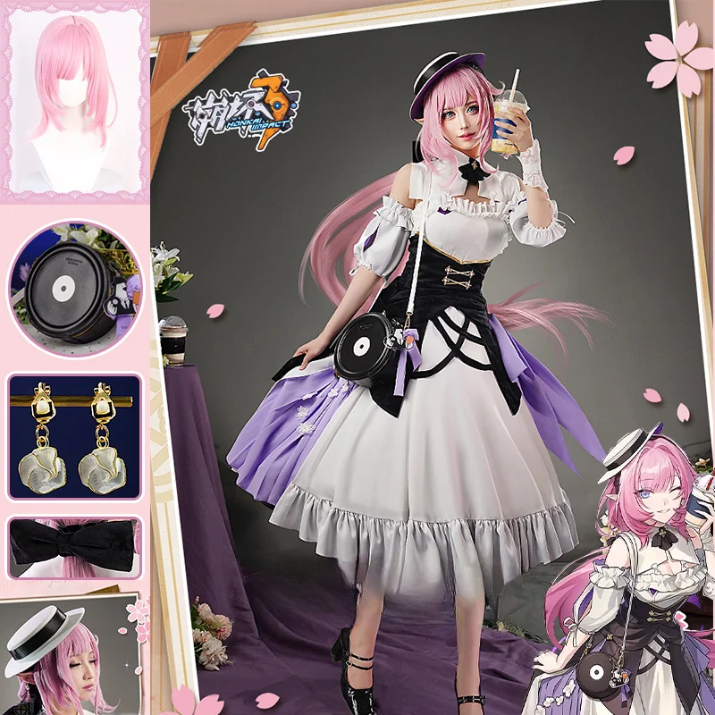 Elysia Cosplay Costume Pink Wig Game Honkai Impact 3rd Dal Komm Dress Uniform Maid Outfit Hairpin Earrings Halloween Party