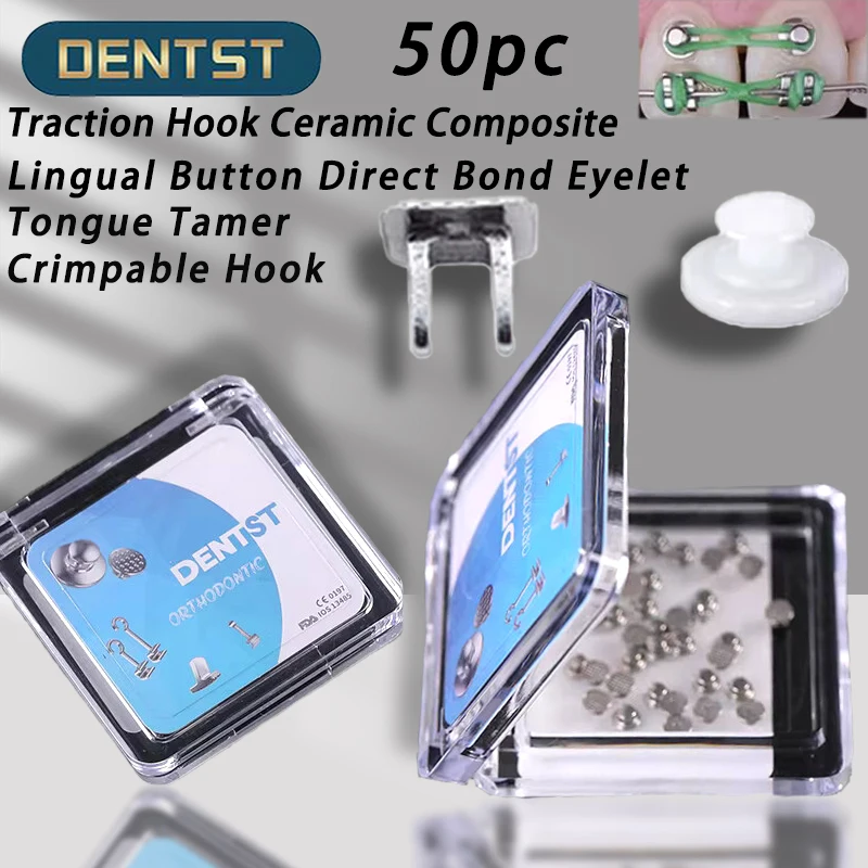 

50pc Dentistry Dental Orthodontic Traction Hook Ceramic Composite Lingual Button Direct Bond Eyelet Tongue Tamer Crimpable Hook