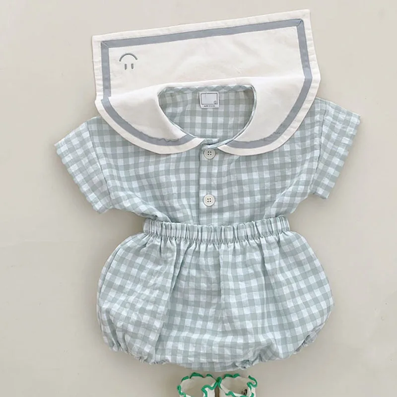 Baby Girl Clothes Set Infant Boy Short Sleevs T-shirt And Bread Shorts 2pcs Sets Toddler Unisex Cotton Plaid Tops+bloomer Suit