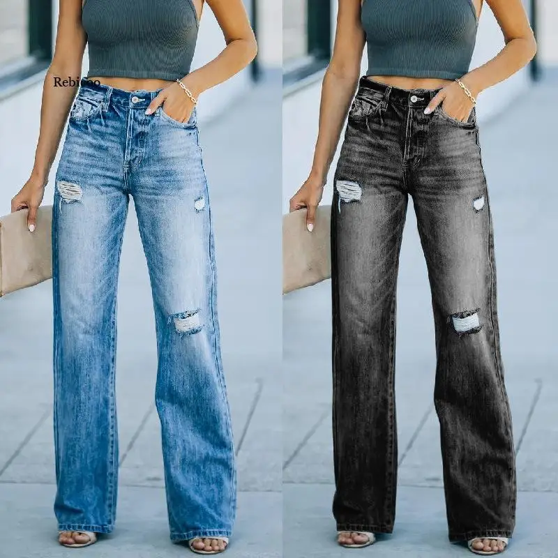 

Ripped Jeans for Women High Waisted Loose Boyfriend Pants Straight Wide Leg Vintage Streetwear Distressed Trousers 2022