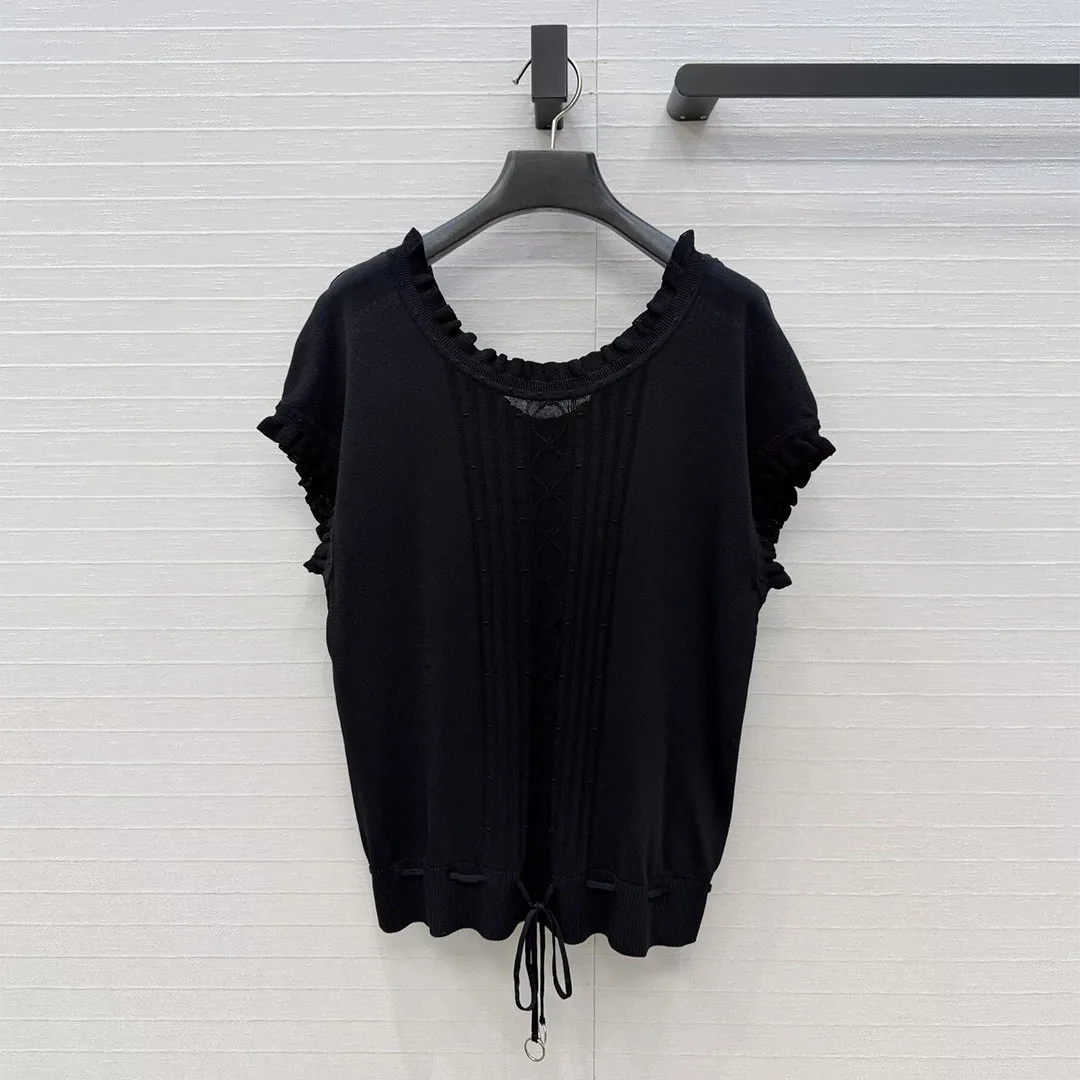 2026 New Spring Summer Soft Knitted Tops Women Lace O-neck Short Sleeve Stripes Jacquard Lace-up Belt Casual Sweet T-shirt