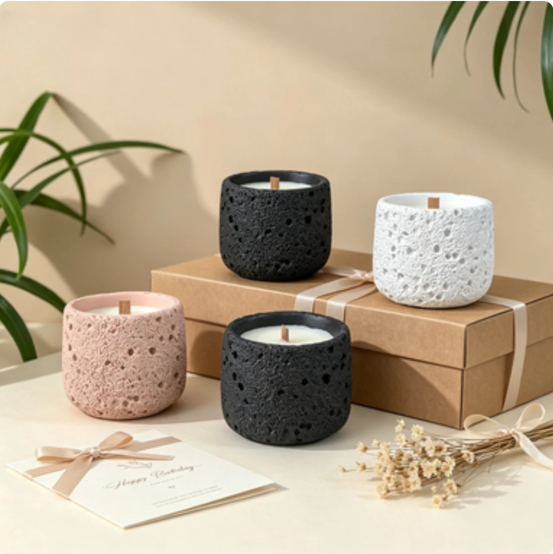 セメント調のテクスチャが施されたアロマキャンドル用カップ。D - Candle Lighter のレビューと価格
