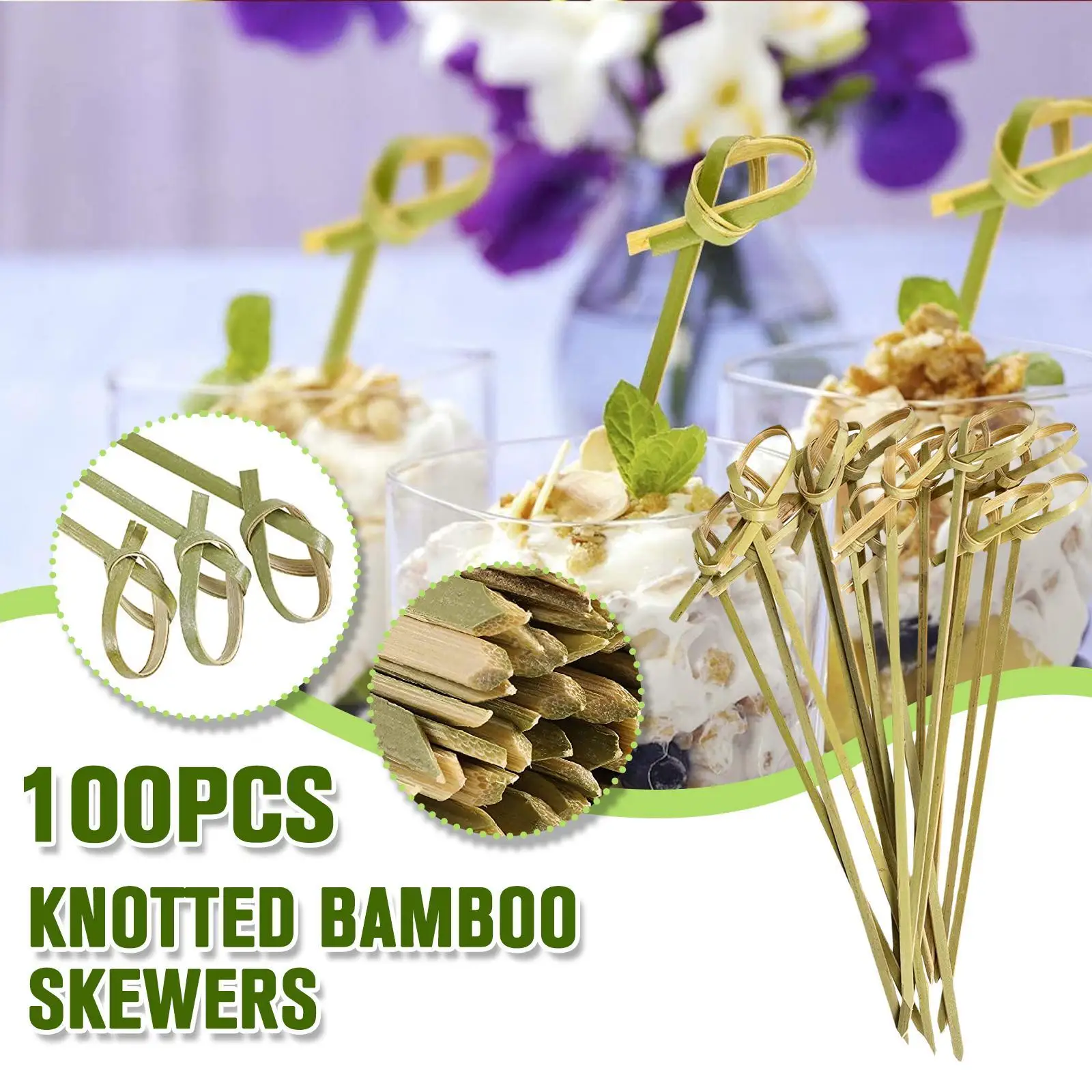 

100pcs Disposable Bamboo Knot Skewers Cocktail Picks with Twisted Ends for Snacks Club Sandwiches Party Barbeque forks