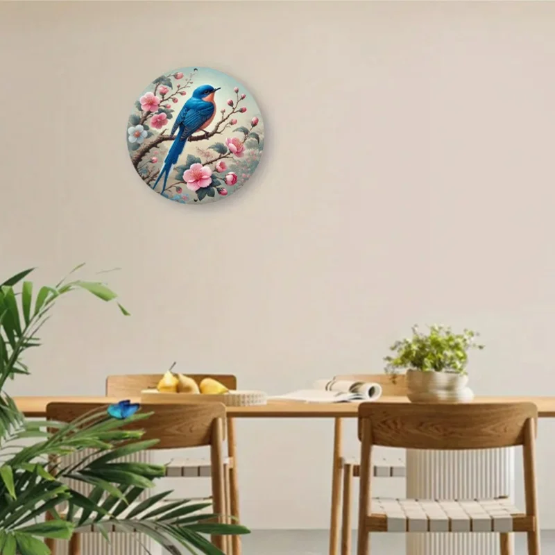 Retro Round Metal Wall Art, Blue Bird on Pink Flowers - Size 20.32X20.32 cm, Aluminum Aluminum Plate Material. Perfect for Decor