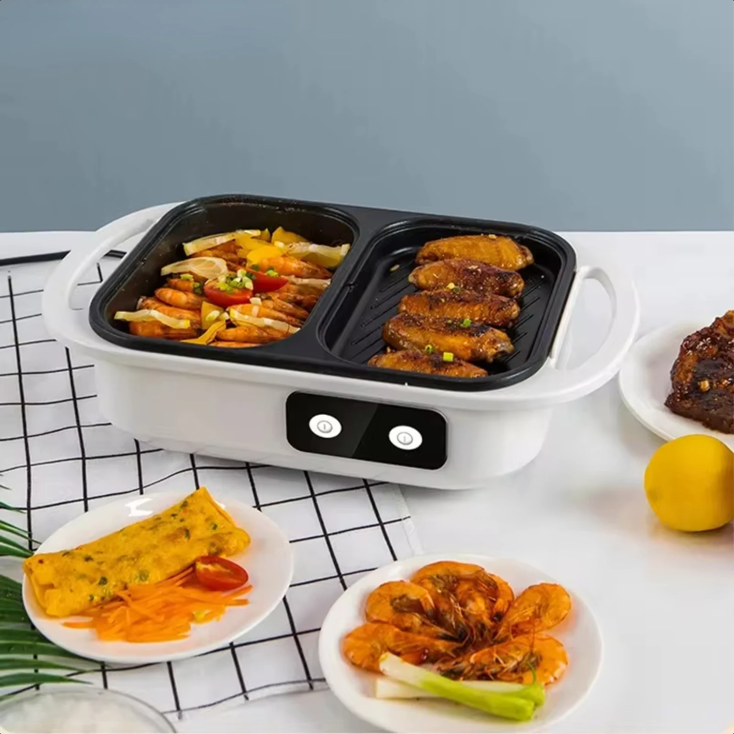 2 in 1  Multi Cooker Shabu Pot and Griddle BBQ Grill Fryer Pan Hot Pot with BBQ Grill Steaks Ramen Noodles Cooking Pot