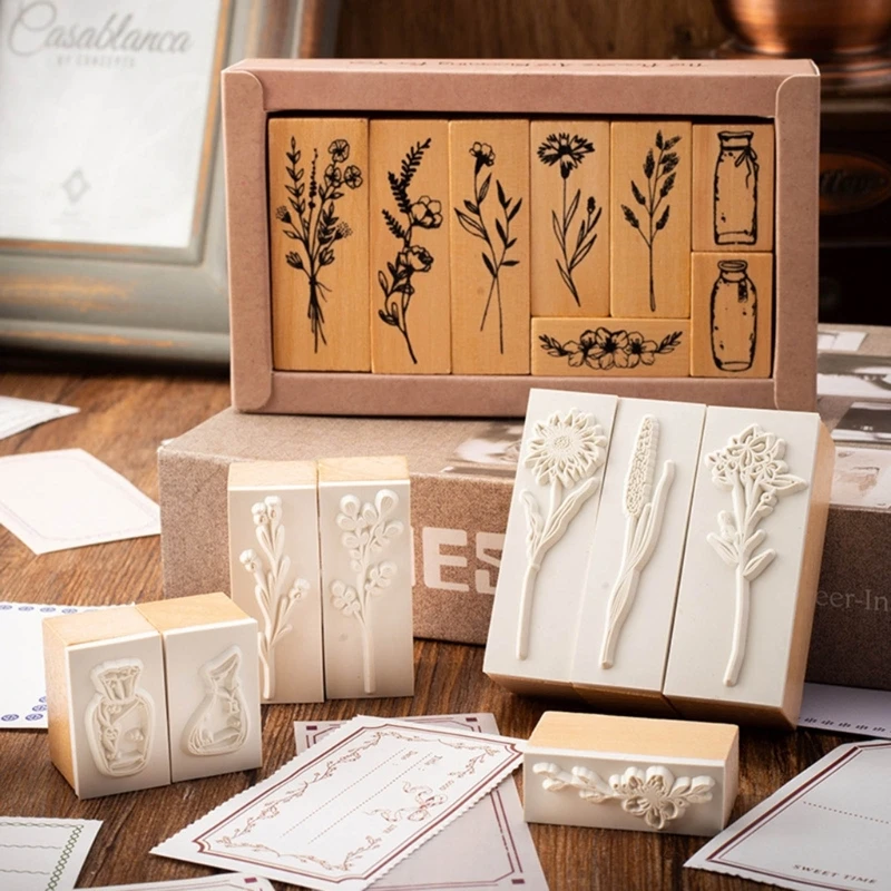 8 Pieces Vintage Decorative Wooden Rubber Stamp Plant Wooden Rubber Stamps for Scrapbooking Dairy Card Making Gift Wrap