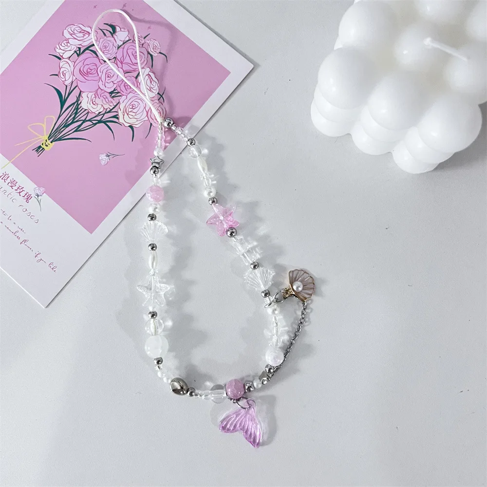 인어 꼬리 조개껍질 휴대폰 체인, 랜야드 참 스트랩, 손목 비드 코드, 팔찌 키 체인, 소녀 나일론 로프, 카메라 쥬얼리 걸기