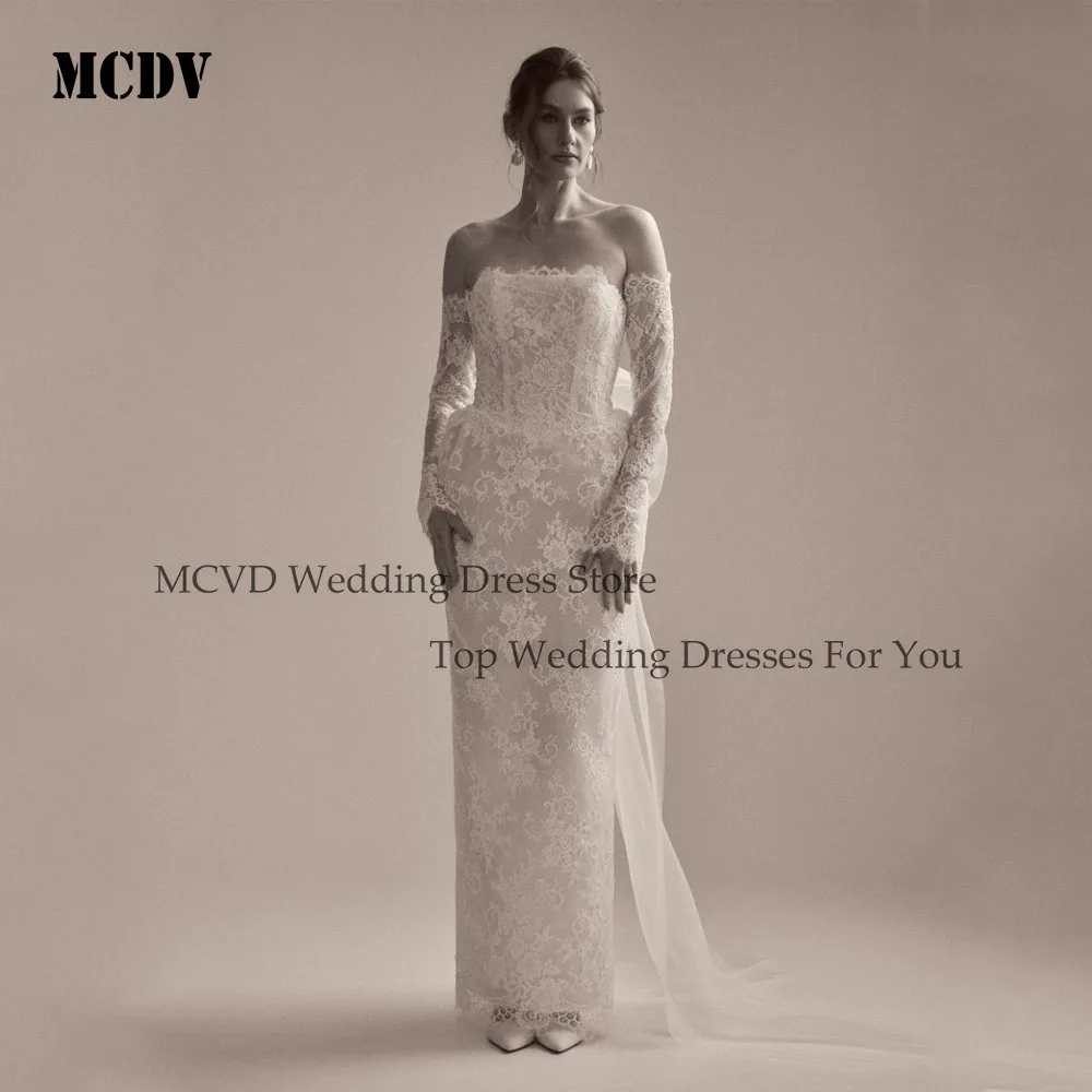 

MCDV Lace Weddings Dresses Bridal Detachable Sleeve Straight Applique Civil Bride Gown With Bow Backless Floor Length Customized