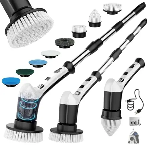 

Electric Spin Scrubber – 3 Speeds, 8 Brush Heads, Cordless Cleaner for Bathroom & Kitchen – Black