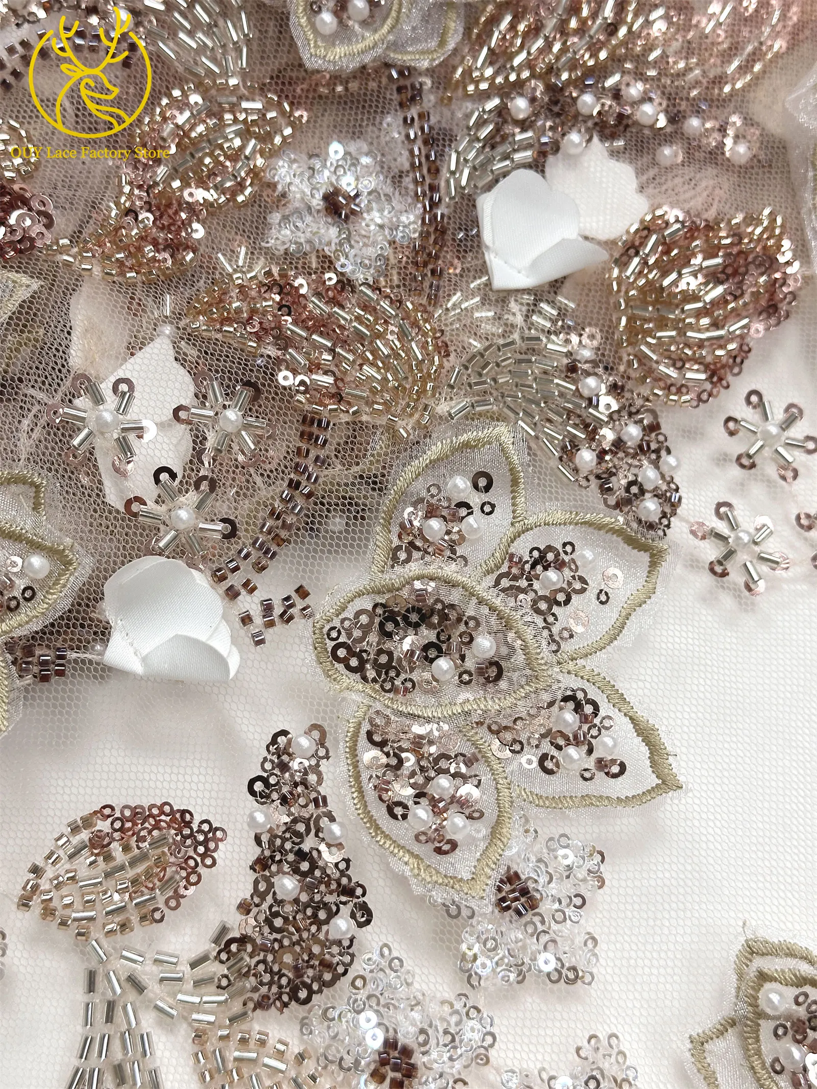 5 Yards afrikanischer 3D-Blumen-Spitzenstoff mit Perlen, 2026, hochwertiger französischer nigerianischer Stickerei-Tüllstoff zum Nähen von Hochzeitskleidern – Detail 13
