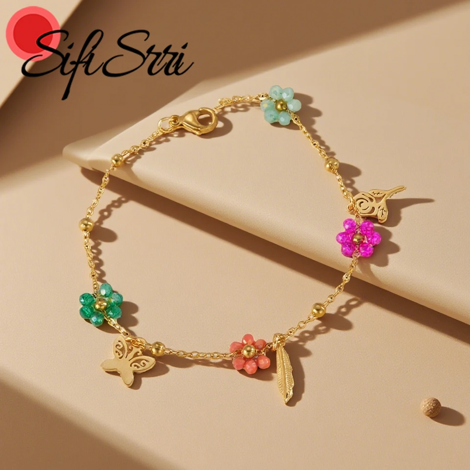 

Sifisrri Trendy Color Flower Bracelet for Women Stainless Steel Jewelry Adjustable Link Chain Seahorse Star Bangles Party Gift