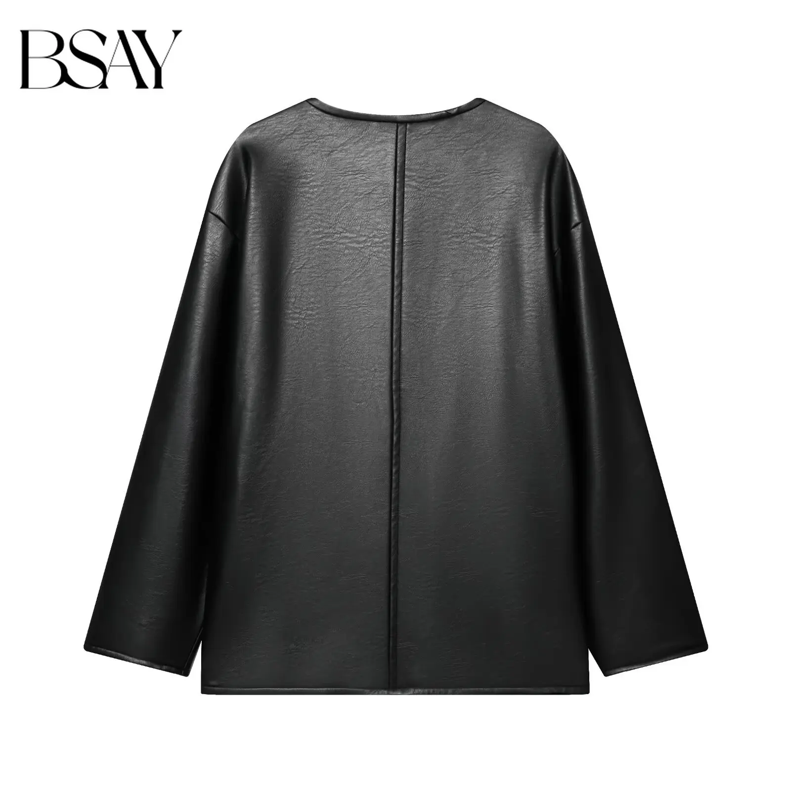 BSAY New Women Versatile Loose Drop Shoulder Faux Leather Jacket Chinese Style Frog Buttons Round Neck Fashion Casual Outer Coat
