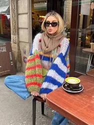 HOUZHOU Colorful Striped Oversized Sweater Women Elegant Mohair Jumpers O-neck Long Puff Sleeves Knitted Pullover Streetwear