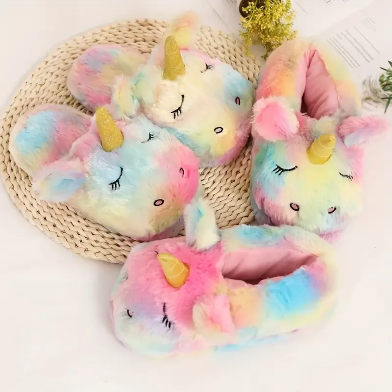 COOLSA Women Indoor Cartoon Unicorn Slippers House Candy Color Cute Warm Plush Slides Holiday Surprised Shoes