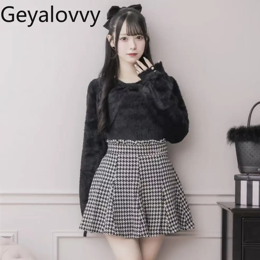 اليابانية الحلو لطيف نمط الفتيات تنوعا Bowknot بلوزة وقميص قصير محبوك رقيق كم طويل تانك القمم قطعتين مجموعة #1