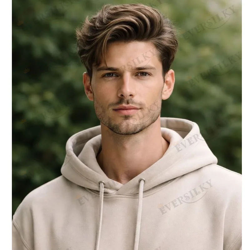 

Мужской парик-накладка из 100% индийских натуральных волос: ультратонкая основа 0,1 мм, естественная линия роста волос, темно-коричневый, черный, серый, суперпрочный