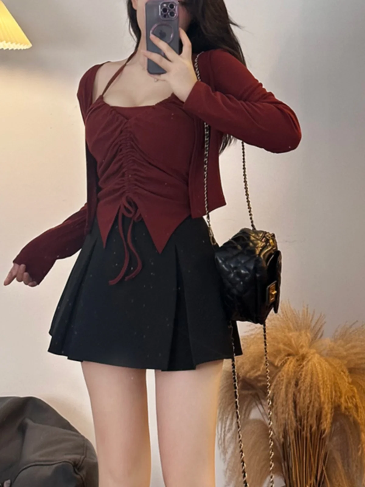 

plus Size Sexy Girl Design Dstring Ne Strap Women's Autumn Winter Long Sve Open Cardigan Two Piece Set Princ Fit