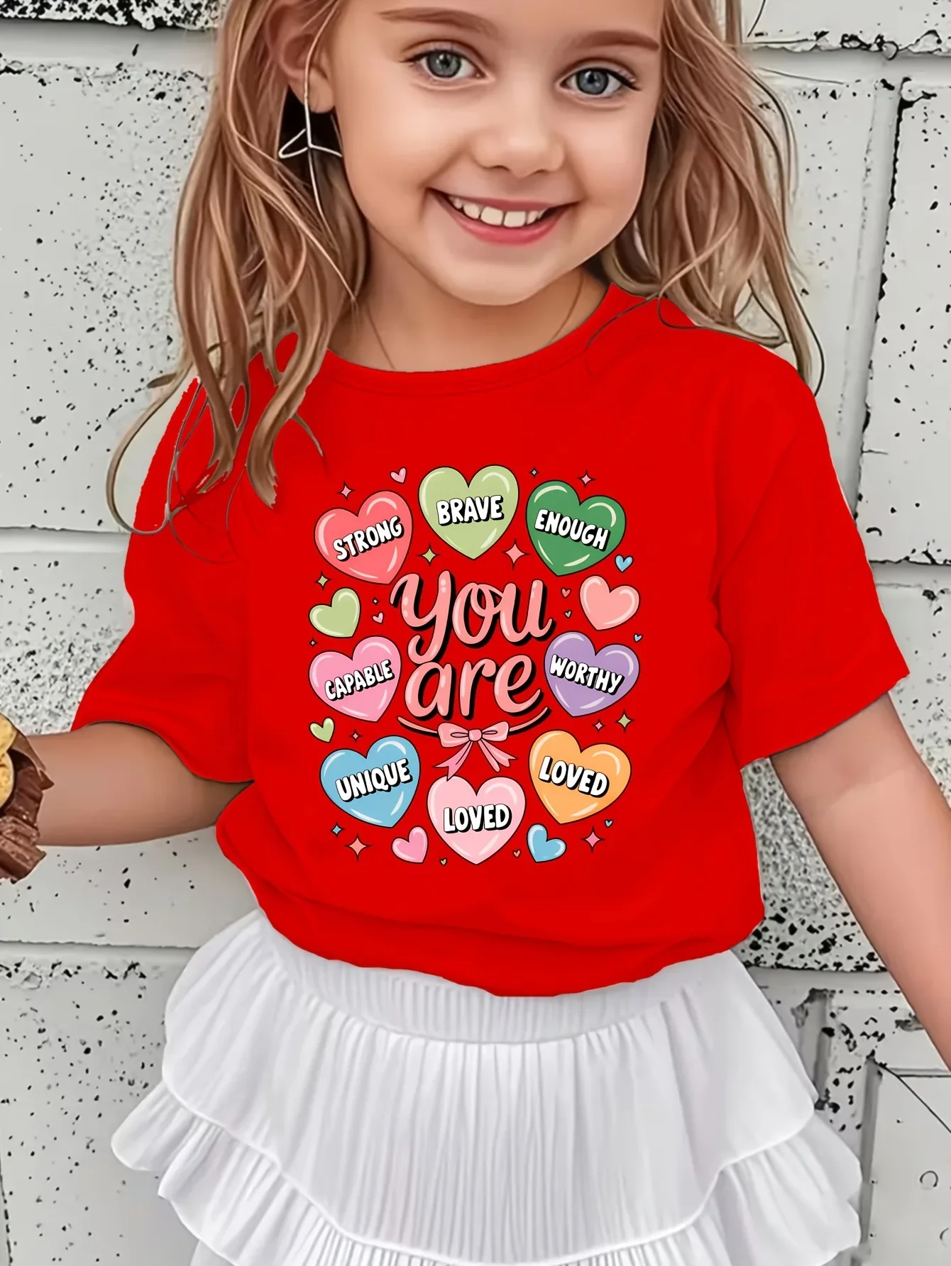 Little Girls Inspirational Short Sleeve Tee You Are Loved Worthy Colorful Heart Pattern Children Cute Daily Outfit Shirt
