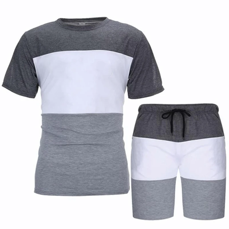 Fashion Summer Men\'s Casual Shorts + T Shirts Two-piece Sets Men Colorblock Loose ONeck Short Sleeve T-shirt + Shorts Sports set