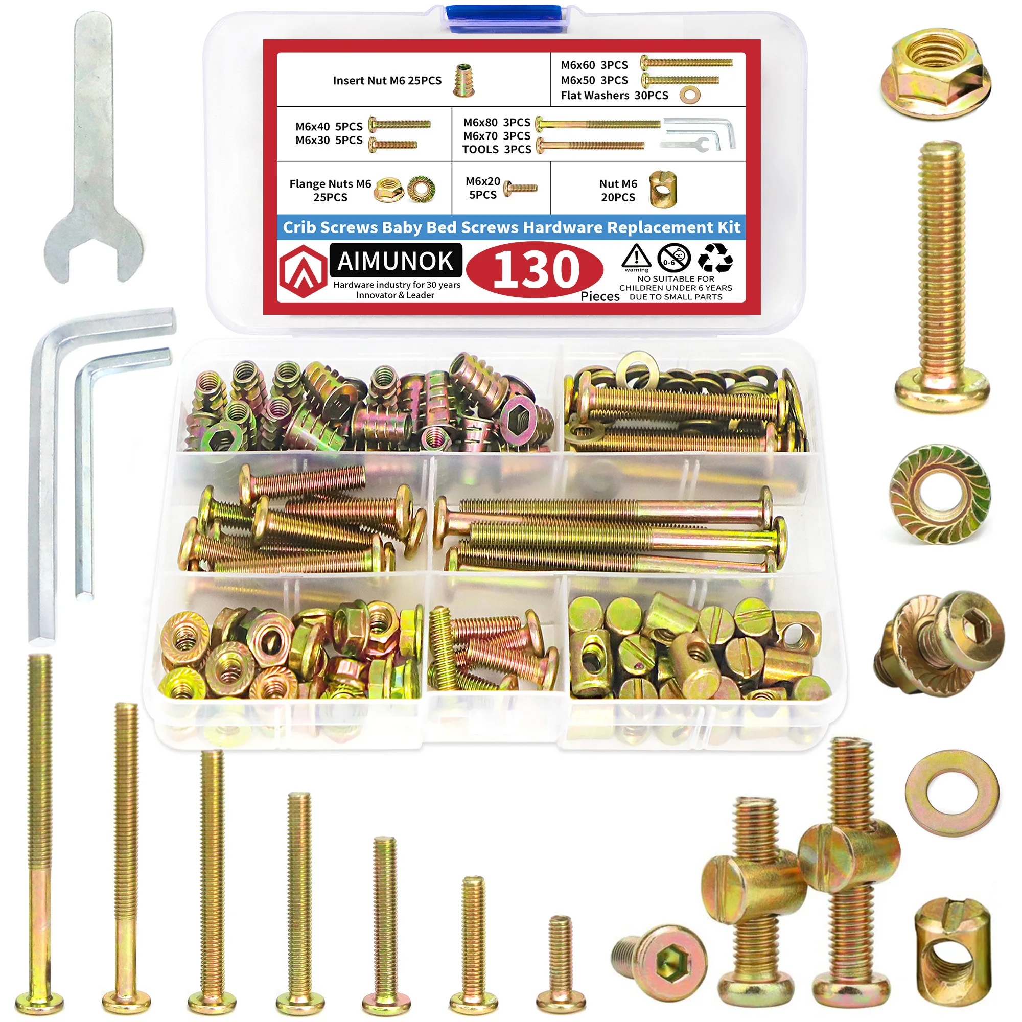 AIMUNOK Kit de 130 tornillos M6 para cuna con herramientas - Herrajes de repuesto para cuna de bebé/muebles DIY - con tuercas de inserción, pernos y arandelas