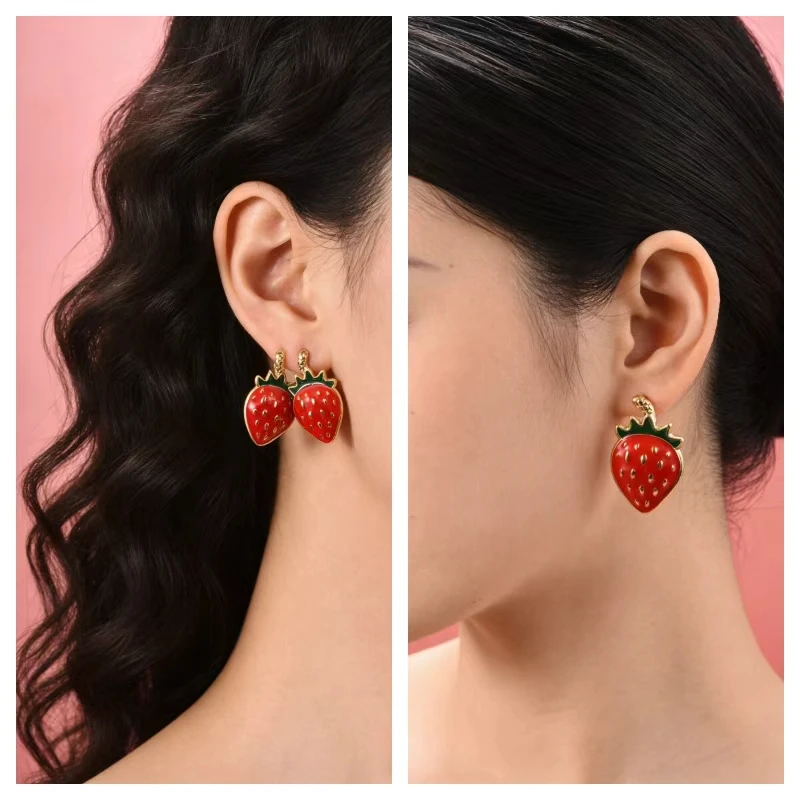 Niedliche bunte Emaille-Erdbeer-Ohrstecker für Damen, modische vergoldete Frucht-Ohrringe, Schmuckgeschenk – Detail 3