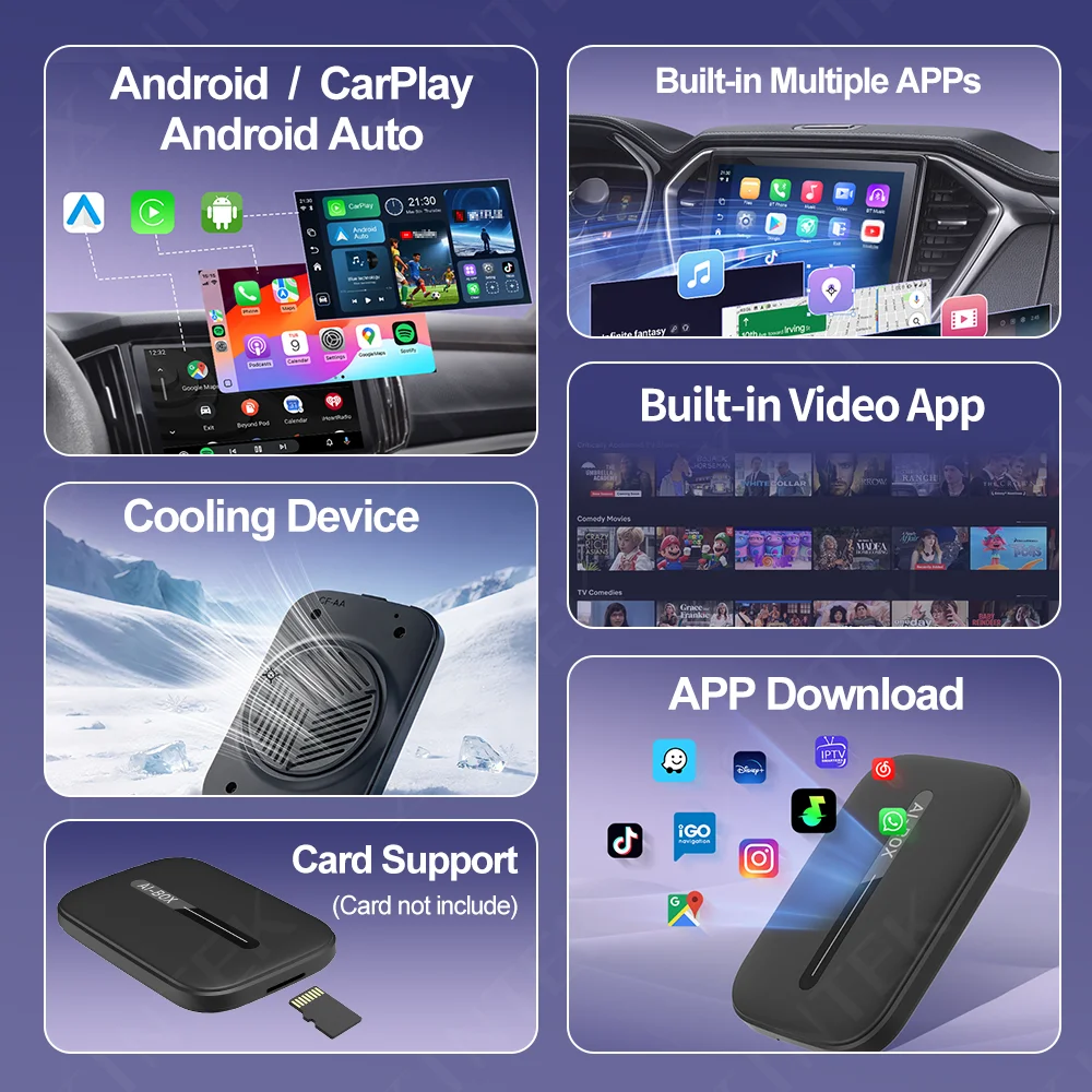 Kowankit Android 15 Wireless CarPlay Android Auto 4in1 CarPlay Ai Box 4Cores 2GB RAM+32GB ROM Plug and Play Stable Transmission