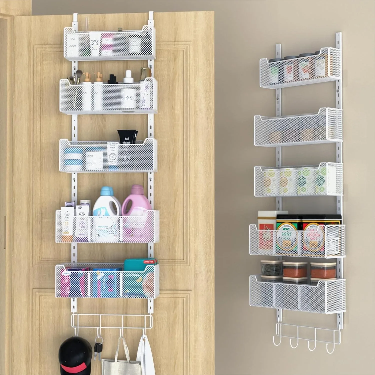 

Over Door Organizer with 5 Adjustable Baskets and Coat Hook, Heavy Duty Metal Storage for Closet Pantry Bathroom Kitchen, White