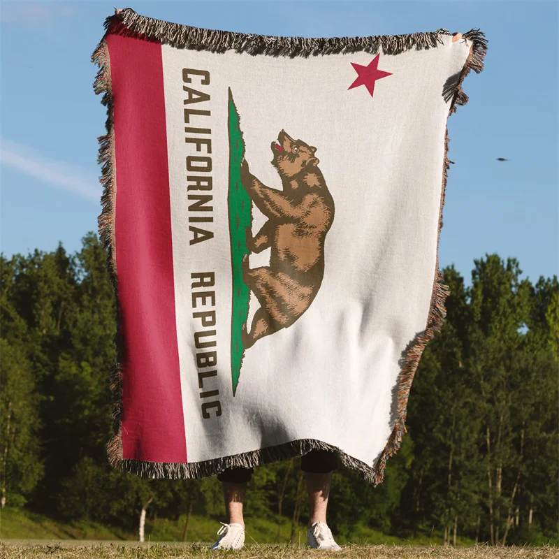 Aertemisi California Bear Flag United States of America Jacquard Fringed Woven Throw Blanket