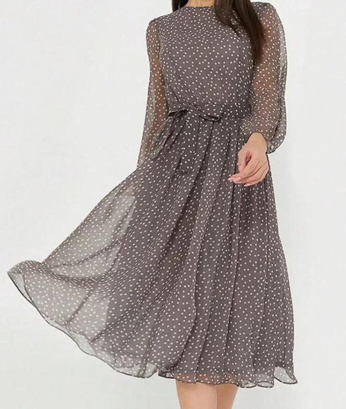 Summer Dress Woman  Floral Print O-Neck High Waisted Long Sleeved Casual Beach A-Line Chiffon Midi Dress