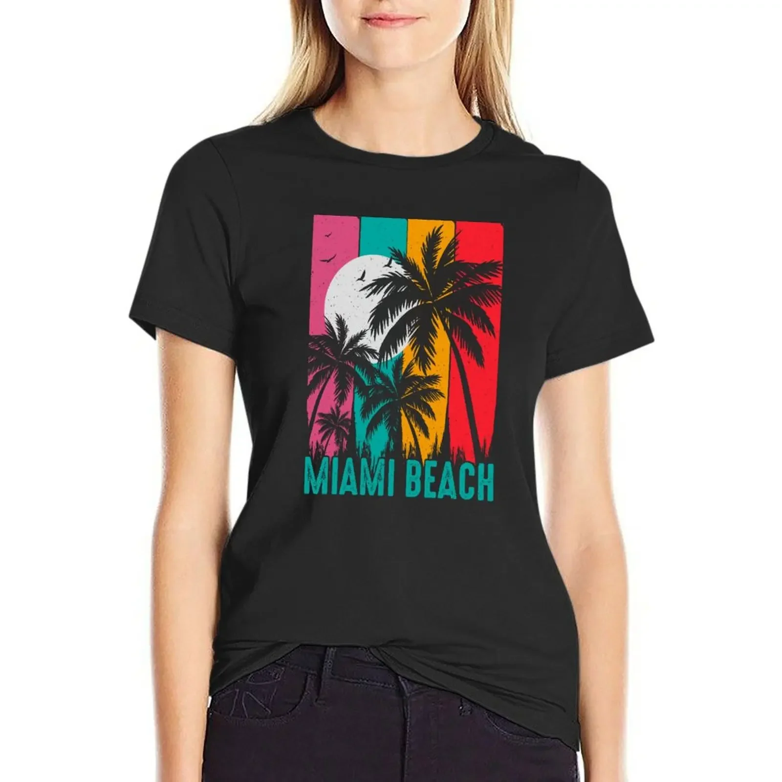 

MIAMI BEACH with Palm Trees with a bright sun and a sky colored in pastels. T-shirt summer top Women's t-shirt