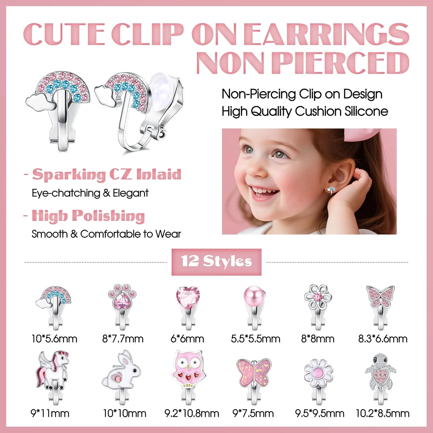 Bobisty 12Pairs Clip On Earrings for Women Hypoallergenic Cute Butterfly Rainbow Flower  Pearl Non Pierced Jewelry Birthday Gift