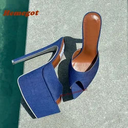 Denim Blue Platform Slippers Pointy Toe Stiletto Solid Mules for Female Slip On 2023 New Arrival Thin High Heels Plus Size 44