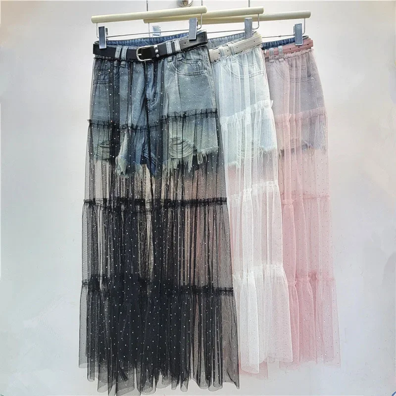 2025 Summer New Fashion Hot Diamond Mesh Skirt Splicing Denim Shorts For Women Versatile Mid Length Skirt Female 11A04633