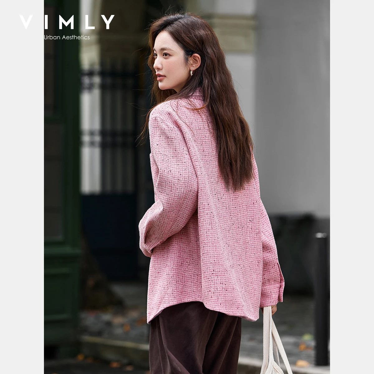 VIMLY  Vintage Woven Tweed Jacket Coat Women Autumn 2025 Small Fragrance Full Sleeve Ladies Coats Patchwork Outerwear A2357