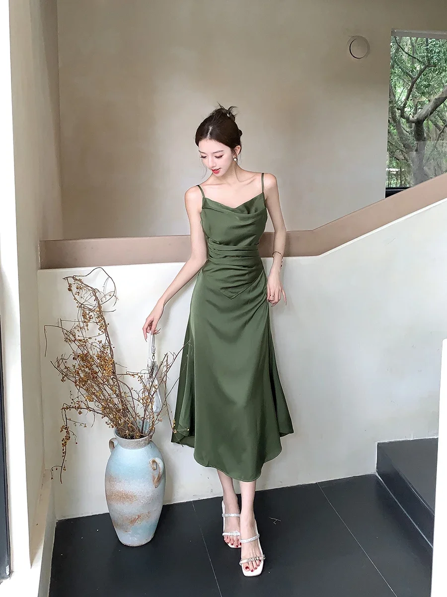 Elegant Green High-end Satin Long Dress Suspender Sleeveless Women\'s Slim Party Club Birthday Wedding