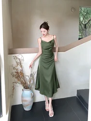 Elegant Green High-end Satin Long Dress Suspender Sleeveless Women's Slim Party Club Birthday Wedding