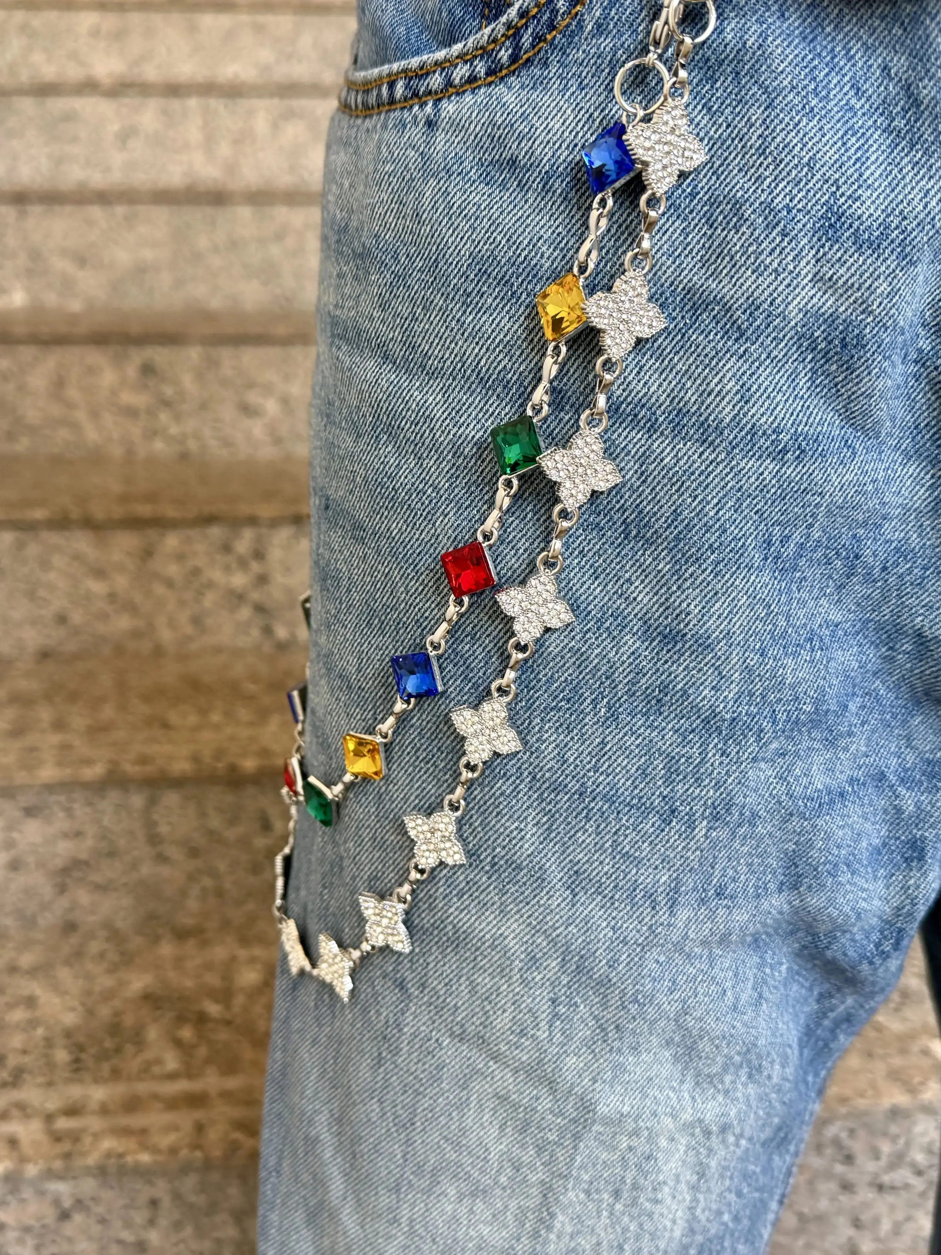 Original retro petal clover rhinestone pants chain fashionable and versatile men's and women's jeans decoration