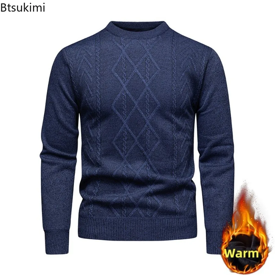 2025 Men's Autumn Winter Thicken Knitting Sweaters Solid Color Fleece Warm Pullovers Fashion Casual Slim Knitted Sweater for Men